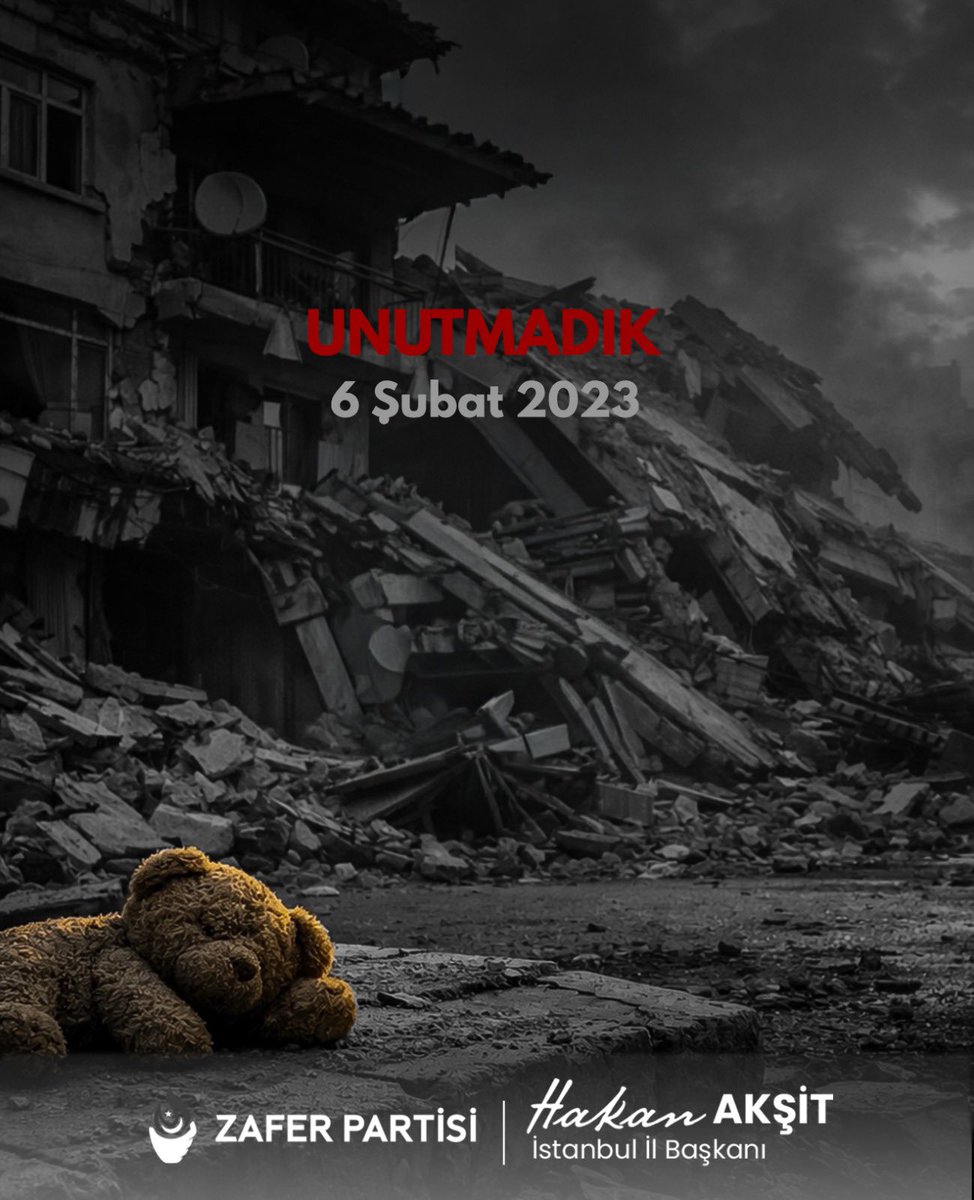 6 Şubat 2023 depremlerinde yitirdiğimiz vatandaşlarımızı rahmetle anıyoruz. 
Türk milletimizin başı sağ olsun. 
Unutmadık, unutmayacağız.

<a href="/umitozdag/">Ümit Özdağ</a> <a href="/zaferpartisi/">Zafer Partisi</a> <a href="/HakanAksit34/">Hakan Akşit</a>