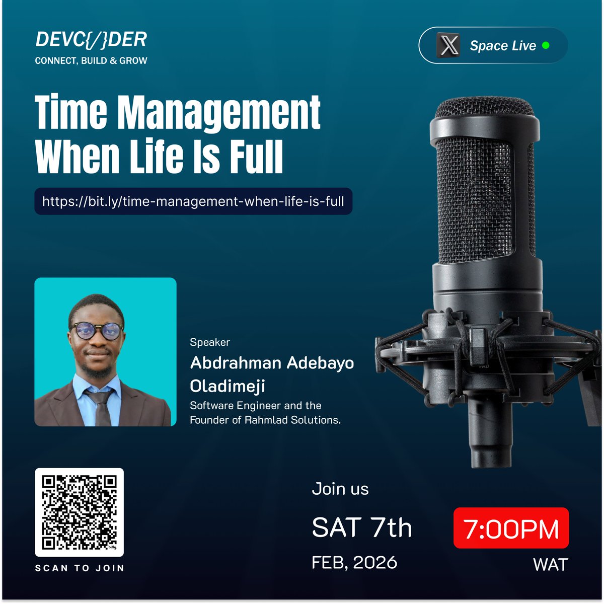 deevcoder's tweet photo. If you're:
- Working and schooling
- Learning tech while handling life
- Struggling to balance everything

This conversation is for you.
Join us this Saturday, 7PM(WAT) for a real-life chat

Theme: 🕒 Time Management When Life Is Full
🔗https://t.co/FZkxuyqi2W

#DevCoder https://t.co/oK5Raosl7E