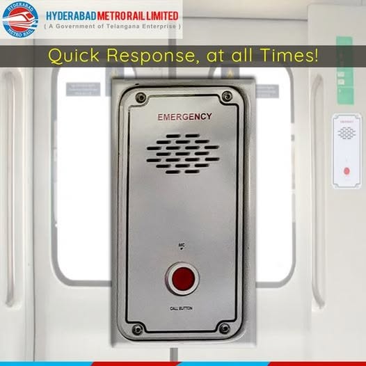 HMRLHydmetro's tweet photo. When in emergency while on metro rail, you don’t have to become anxious or worried. 

Seeking help is very easy, simply press the ‘Call’ button, which immediately alerts the metro authorities.

#Metrorail #Hyderabadmetro #CallButton #Emergency #MyMetroMyPride https://t.co/pGJHgmjLLi