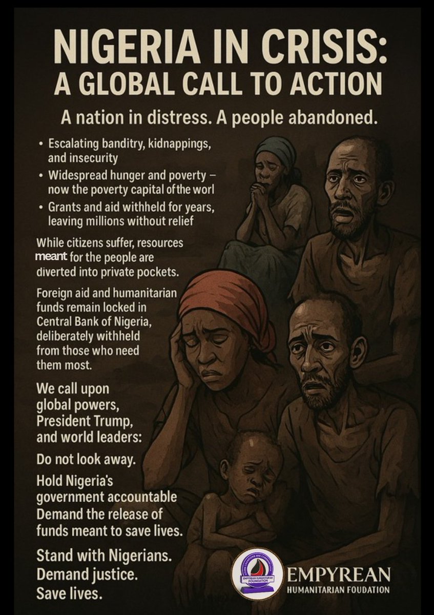 🇺🇸 We call on global leaders, including President Trump, to hold Nigeria’s government accountable.  
Demand the release of locked funds.  
Lives depend on it.  
<a href="/realDonaldTrump/">Donald J. Trump</a> <a href="/antonioguterres/">António Guterres</a> <a href="/UN/">United Nations</a> <a href="/RepRileyMoore/">Rep. Riley M. Moore</a> <a href="/USCongress_/">U.S. Congress</a>
<a href="/NOIweala/">Ngozi Okonjo-Iweala</a> <a href="/UKSupremeCourt/">UK Supreme Court</a>
#SaveNigeria #HumanRights
