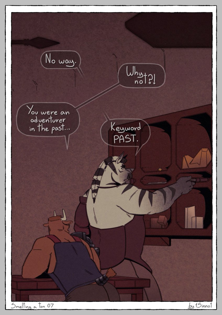 The_other_sinno's tweet photo. Smelting a TON. PG_07 🦓🐂✨

Sorry for the absence last week, long story short I got sick and wanted to figure out a better way for the text in the comic without committing fully to the bubble text (sorry they look so ugly when I draw them...) and needed time to rest :D https://t.co/ej1yfmSoth