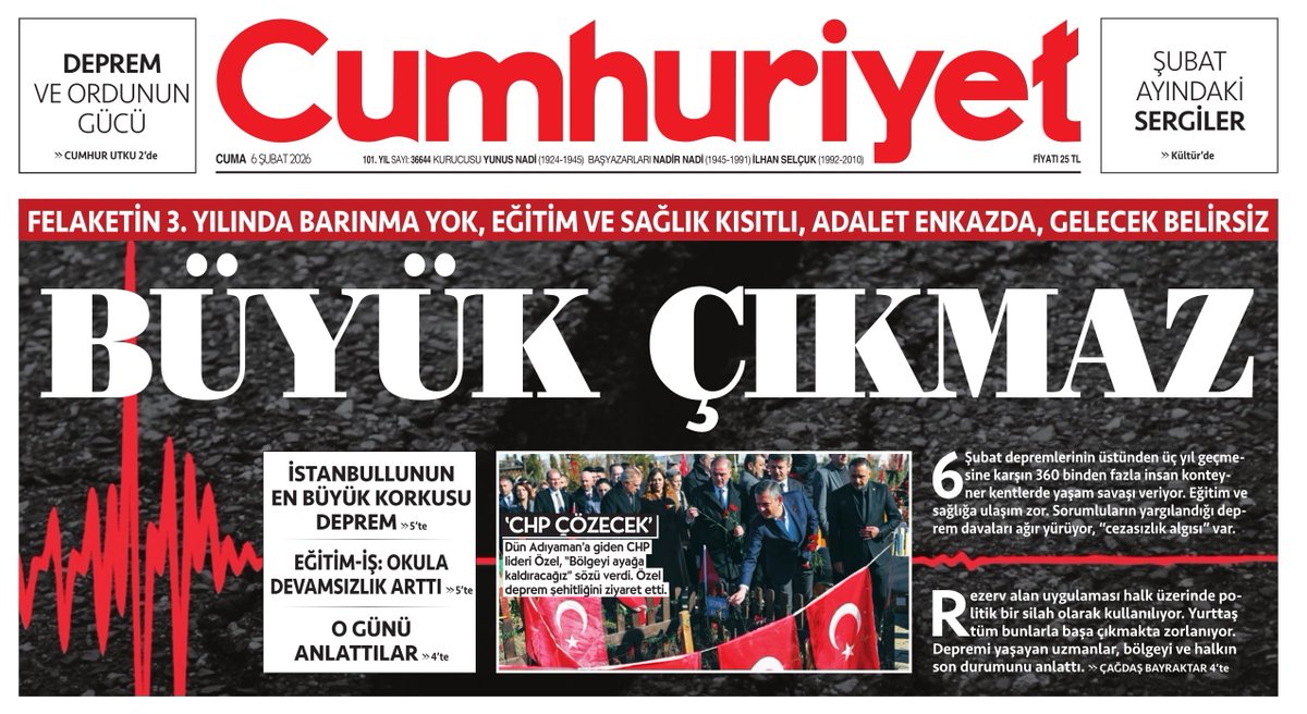 SESLERİNİ DUYAN HÂLÂ YOK

⚫️Kahramanmaraş merkezli 6 Şubat depremlerinin üzerinden tam 3 yıl geçti. Sorumluların sorumsuzluğu nedeniyle afet, yüzyılın felaketine dönüştü. Saat sabah 4.17’de Pazarcık’ta 7.8, öğlen Elbistan’da 13.17’de 7.6 büyüklüğündeki depremleri en büyüğü 6.7