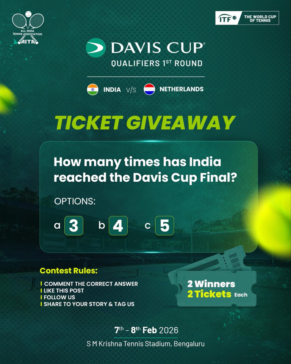 tenniskarnataka's tweet photo. 🎟️ Ticket Giveaway Alert! 🎾

Think you know your Davis Cup history? Here’s your chance to win big!
Answer the question correctly and stand a chance to watch the Davis Cup Qualifiers live in Bengaluru. https://t.co/0uJSHEkX58