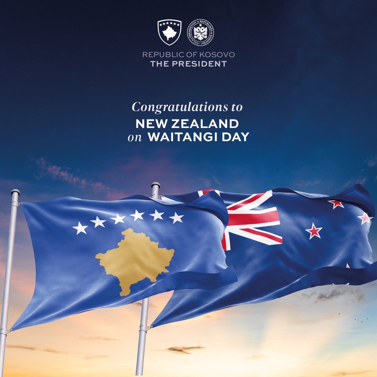 Warm congratulations to <a href="/GovGeneralNZ/">Governor-General NZ</a> Dame Cindy Kiro, Prime Minister <a href="/chrisluxonmp/">Christopher Luxon</a>, and the people of New Zealand on #WaitangiDay.

Kosovo deeply values our friendship, built on shared values, and looks ahead to further deepening our partnership for the benefit of our peoples.