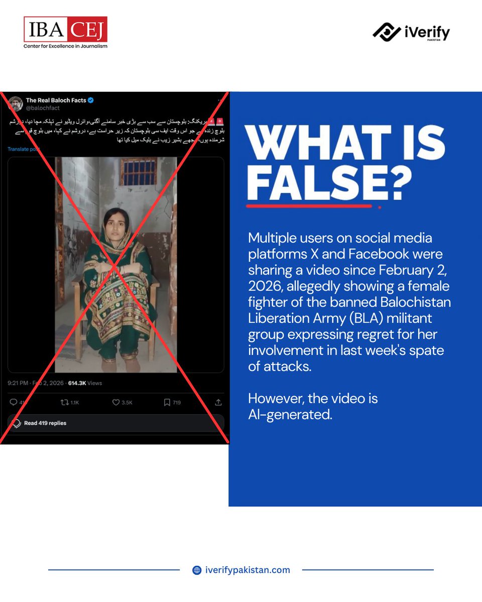 CEJatIBA's tweet photo. Viral video of female BLA fighter on recent Balochistan attacks is AI-generated
Read full fact-check: https://t.co/x4zeT9zwzk
#iverify #balochistan https://t.co/ohOiWbzMIA