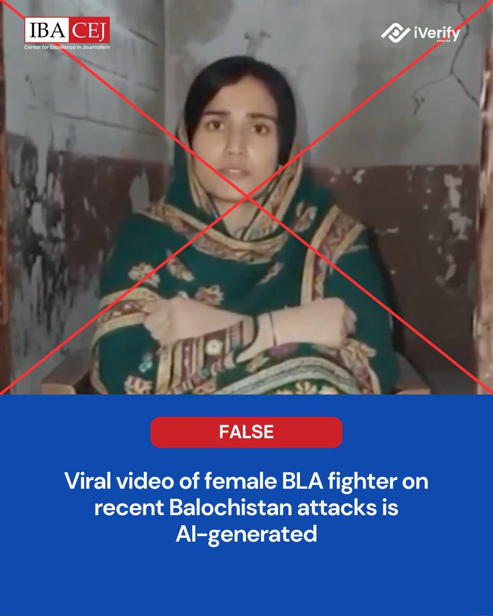 CEJatIBA's tweet photo. Viral video of female BLA fighter on recent Balochistan attacks is AI-generated
Read full fact-check: https://t.co/x4zeT9zwzk
#iverify #balochistan https://t.co/ohOiWbzMIA