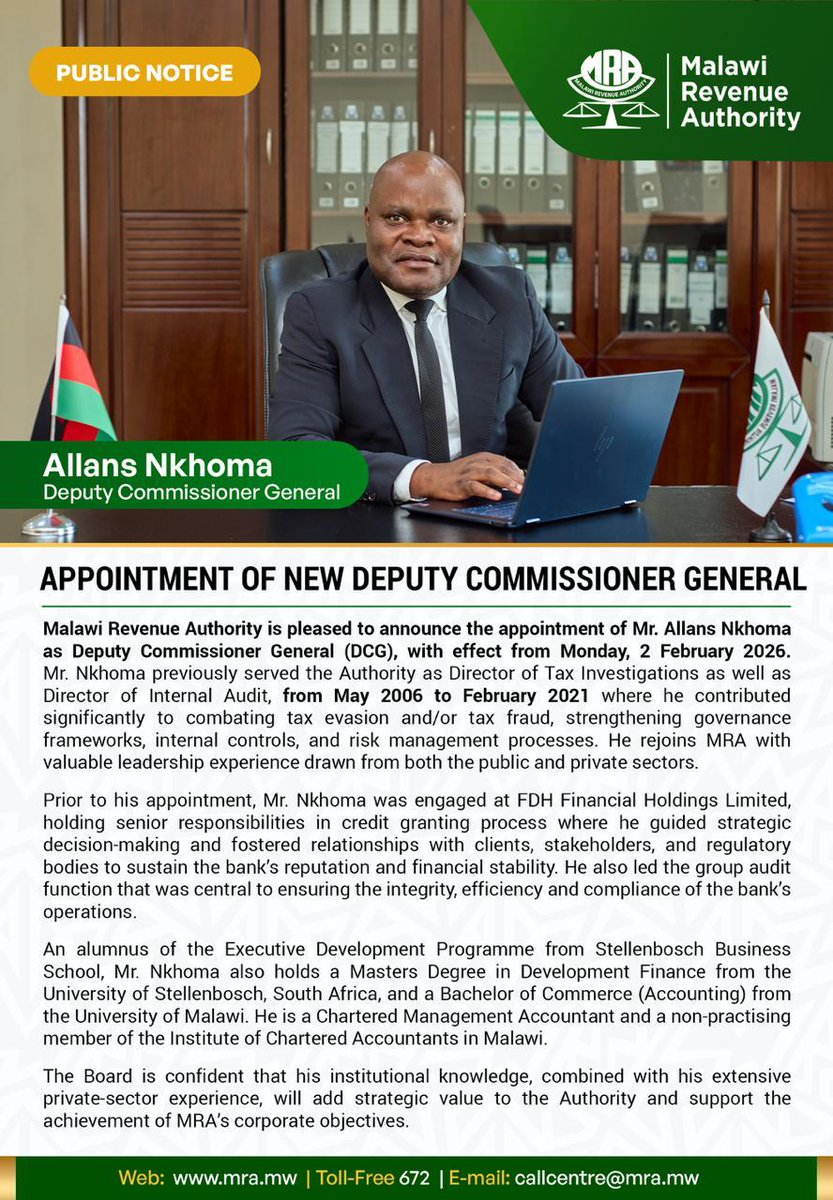 MRA_Malawi's tweet image. Announcement!
Appointment of New Deputy Commissioner General.
#ExecutiveManagement #ExecutiveAppointment #NewLeadership