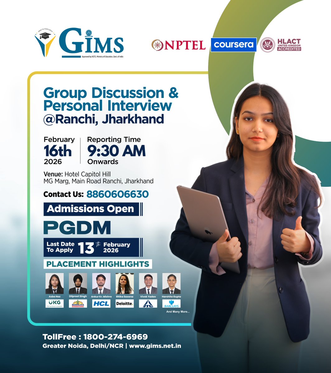 GNIOTCollege's tweet photo. GIMS conducts GD PI for PGDM aspirants in Ranchi offering real interview exposure confidence building and career readiness for future managers.
#GIMS #PGDMAdmissions #GDPI #ManagementAspirants #Ranchi #FutureManagers https://t.co/0sKkzTk6TK
