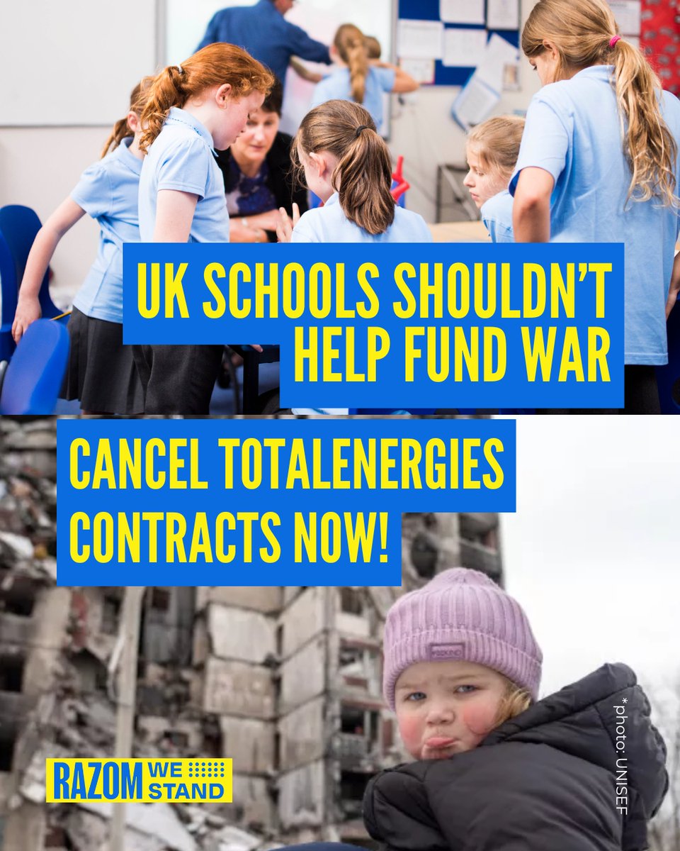 RazomWeStand's tweet photo. As Ukrainians freeze without power due to Russian attacks, UK schools are buying #gas from #TotalEnergies, a company with ties to Russian fossil fuels. This is an absolute shock.

British public bodies must cancel these contracts with Total, and stop funding Russia’s war. https://t.co/5TwEzc6AFw