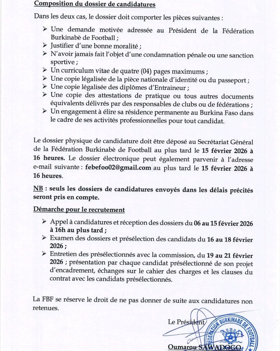 #BurkinaFaso : La Fédération de #Football <a href="/fbffoot/">Fédération Burkinabè de Football</a> engage un processus de recrutement d’un sélectionneur national pour l’équipe senior masculine des #Étalons

#kpakpatoya #kebetu #lwili #Wasexo #Mboa #Coach #Soccer