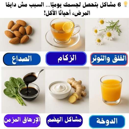 Thaqafnafsak's tweet photo. ✅️ الصداع:
السبب: قلة شرب الماء، نقص المغنيسيوم، أو إجهاد العين.
العلاج: تناول 6 حبات لوز يوميًا — يحتوي على مغنيسيوم طبيعي يريح الأعصاب ويخفف الصداع.
✅️ الزكام:
السبب: ضعف المناعة أو تغيّر الجو المفاجئ.
العلاج: كوب شاي دافئ بالليمون والعسل يوميًا يعزز المناعة ويفتح الممرات الأنفية.
✅️ القلق والتوتر:
السبب: نقص فيتامين B أو قلة النوم أو التفكير الزائد.
العلاج: كوب بابونج دافئ قبل النوم بنصف ساعة يهدّئ الجهاز العصبي ويقلل التوتر.
✅️ الإرهاق المزمن:
السبب: نقص الحديد أو ضعف الدورة الدموية.
العلاج: ملعقة عسل أسود مع بعض أوراق السبانخ تمد الجسم بالحديد والطاقة.
✅️ مشاكل الهضم:
السبب: الأكل السريع أو المقليات الدهنية.
العلاج: كوب زبادي طبيعي بعد الأكل يساعد على توازن البكتيريا المفيدة وتحسين الهضم.
✅️ الدوخة:
السبب: انخفاض الضغط أو السكر أو قلة النوم.
العلاج: كوب عصير برتقال طبيعي يعيد توازن السكر والفيتامينات في الدم. 
#الصداع #ضعف_المناعة #تغذية_سليمة #نفقص_فيتامين #ثقف_نفسك
