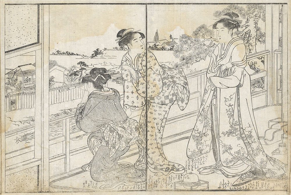 女中たちが遠眼鏡で向こうにある建物の男女を覗いている。(左図)

どうやら面白いものが見えるらしい。

「粋な男が、粋な女を口説いてたんですよっ!!」

「ああっ抱きついた!あ!ちゅーーした」

「あっ挿入した!もー見てられーーん!!」

かなり楽しそうな女中たち。

・・・・ 