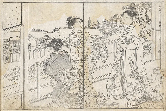 女中たちが遠眼鏡で向こうにある建物の男女を覗いている。(左図)

どうやら面白いものが見えるらしい。

「粋な男が、粋な女を口説いてたんですよっ!!」

「ああっ抱きついた!あ!ちゅーーした」

「あっ挿入した!もー見てられーーん!!」

かなり楽しそうな女中たち。

・・・・ 