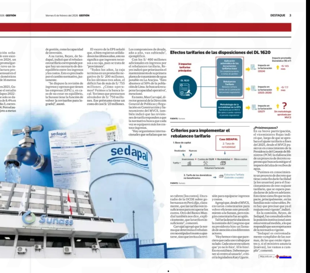 Además del incremento tarifario del agua en el 2026, se proyecta otro para el 2027. El presidente de Sunass indica que Sedapal propone una tasa con una metodología no aprobada, lo que impactaría fuertemente en las tarifas.

Hoy en Gestión