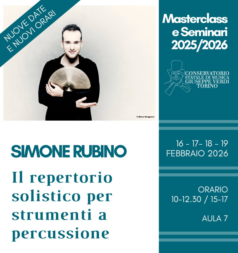 ConservatorioTo's tweet image. Aggiornamento sulla Masterclass di Simone Rubino: inizialmente prevista su 3 giorni, è stata estesa a 4 giorni. Cambia anche l’orario, prendete nota:
➡️16-17–18-19 febbraio | Orario: 10-12.30 / 15-17
conservatoriotorino.eu/evento/masterc…