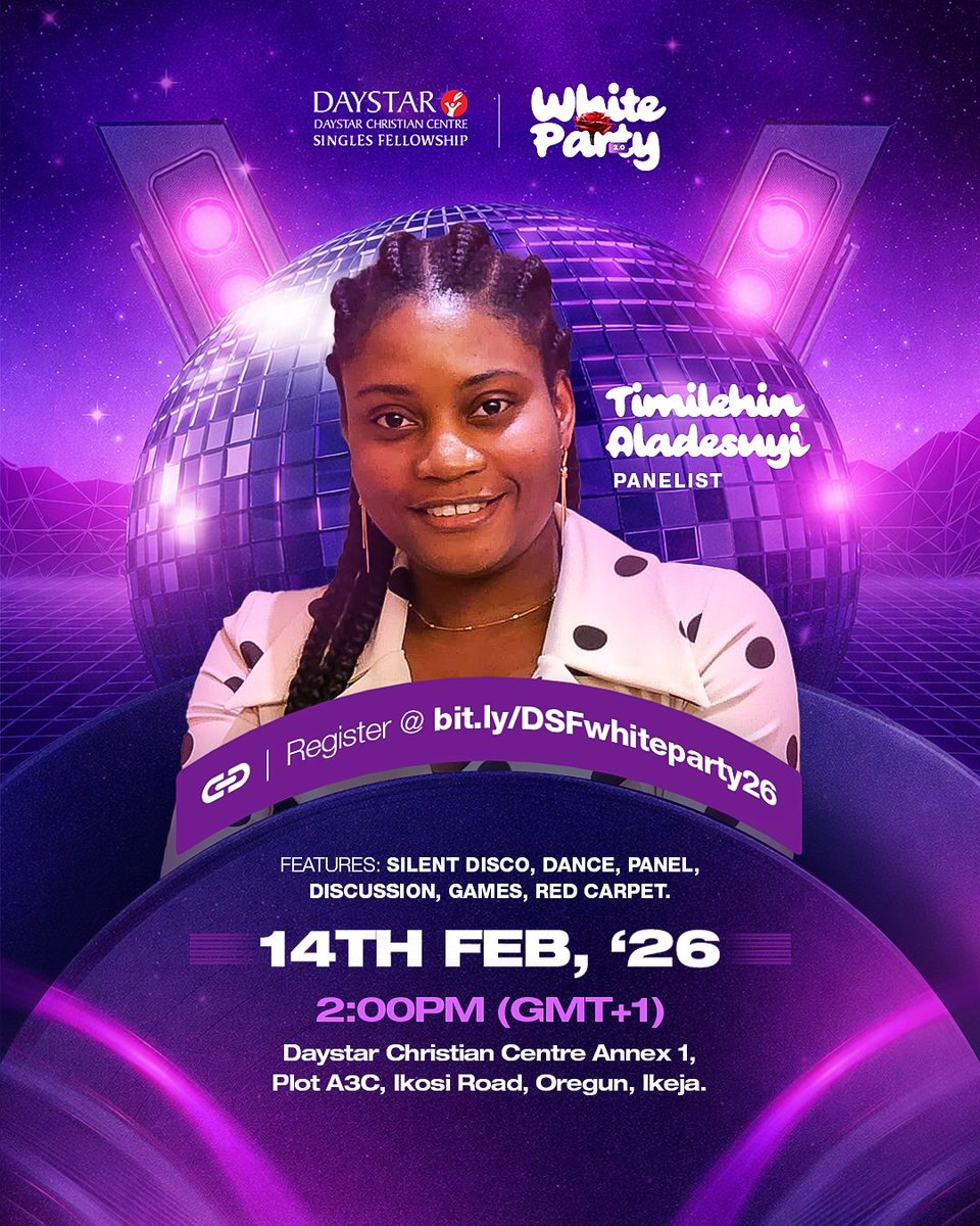 🤍 WHITE PARTY 2.0 🤍
Singles, this Feb 14 is for YOU!

Music. Real talk. Games. Silent disco. Good vibes only.

FREE to attend (registration required) Register now: bit.ly/DSFwhiteparty26

Annex 1, Plot A3C, Ikosi Road, Oregun, Ikeja  ⏰ 2PM (GMT+1) 

Pull up in WHITE &amp; bring