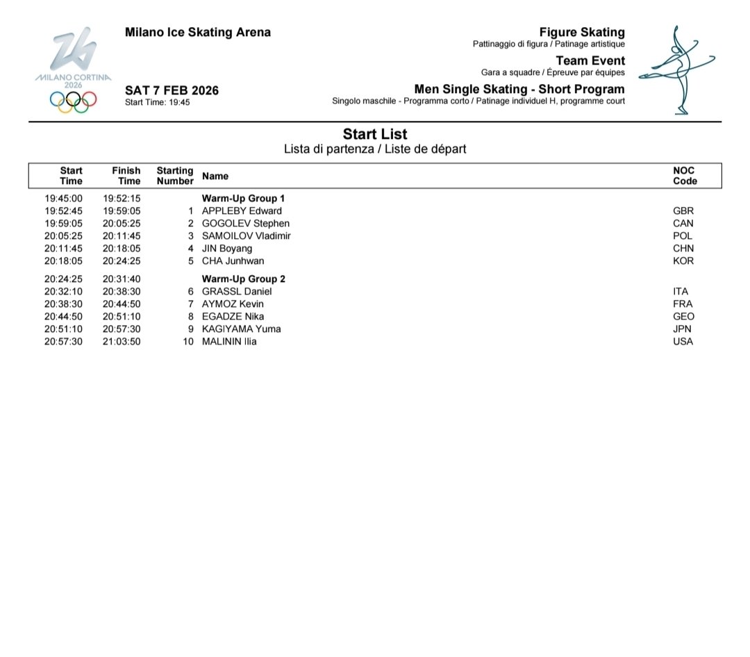 올림픽 단체전 남싱 쇼트 스타팅 오더
준환 1그룹 5번 일요일 오전 4시 18분
