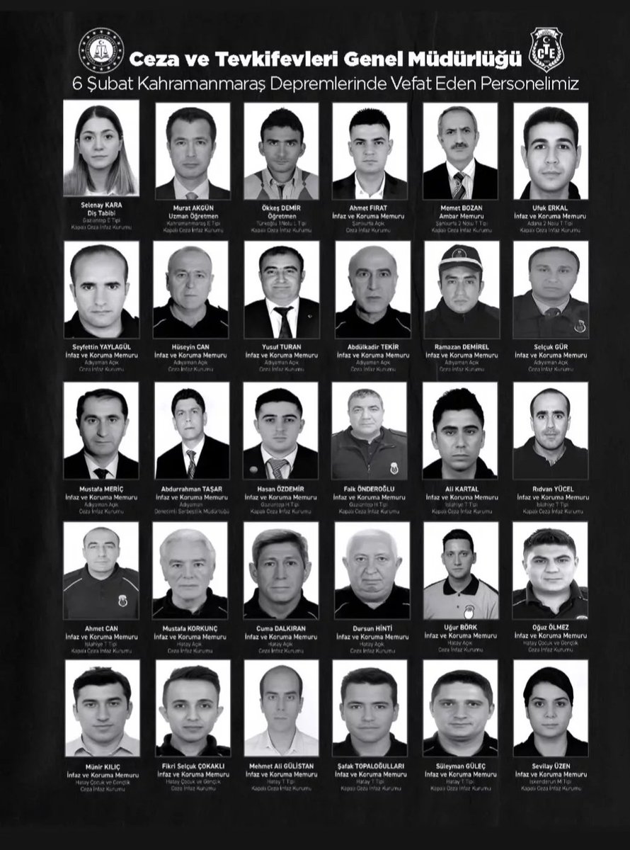 6 Şubat 2023 tarihinde gerçekleşen asrın felakati olarak kayıtlara geçen depremde vefat eden mesai arkadaşlarımızın ve vatandaşlarımızın mekanları cennet olsun, başta kıymetli ailelere olmak üzere geride kalanlara, sevdiklerine,teşkilatımıza ve milletimize sabırlar diliyorum.