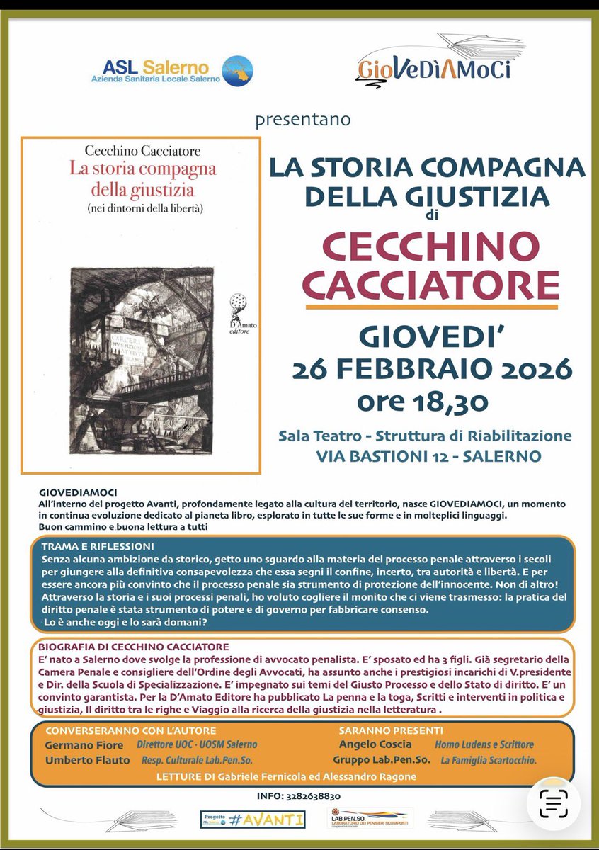 sunballo's tweet photo. GIOVEDIAMOCI 
Progetto #Avanti 

Ritorna a GIOVEDIAMOCI Cecchino Cacciatore con “La storia compagna della giustizia” rileggendo il procedimento penale attraverso i secoli. 
Sarà piacere mio e di Umberto Flauto accoglierlo  giovedì 26 alle 18:30 come sempre a Via Bastioni 12. https://t.co/B1nKKZD1VW