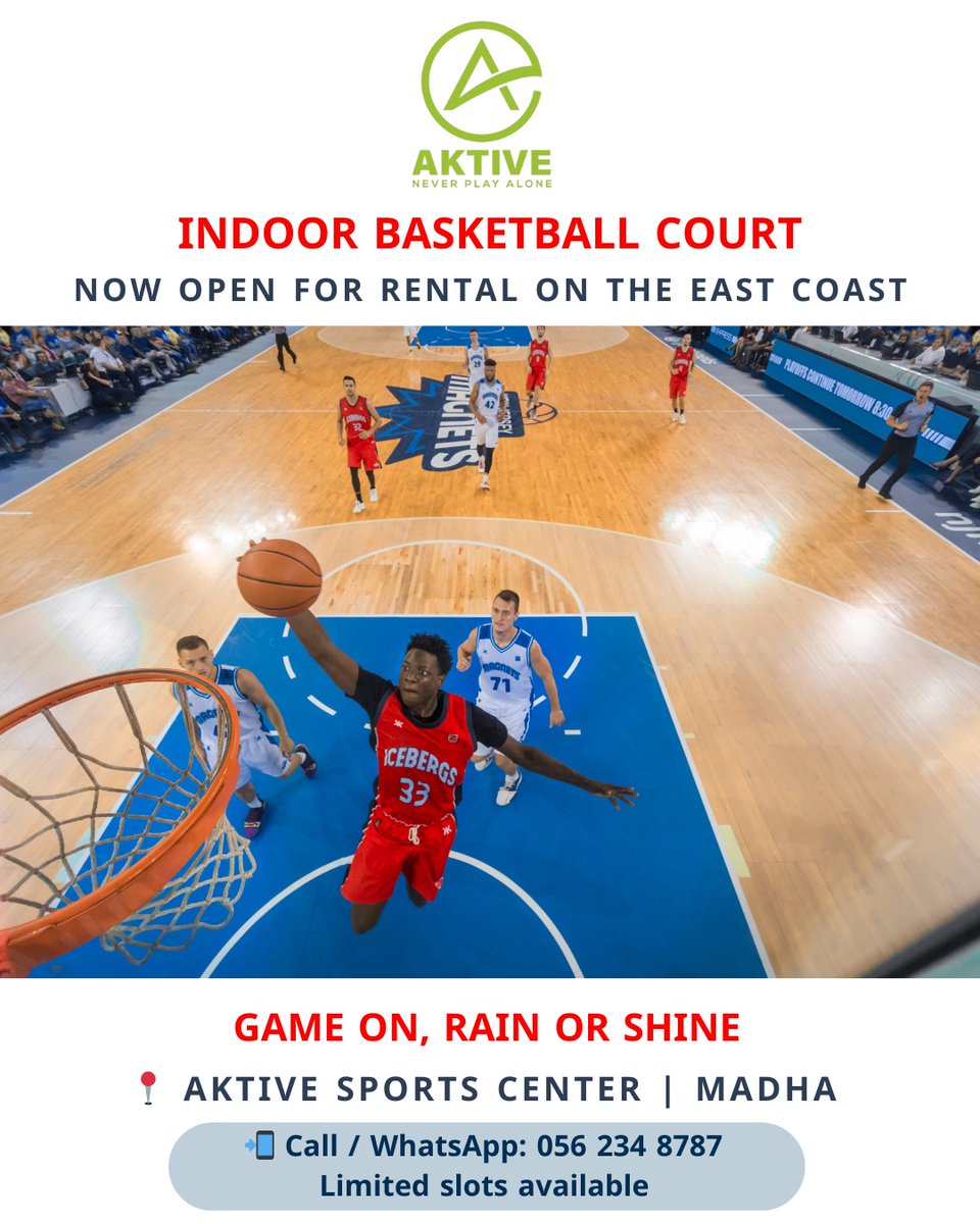 Aktiveapp's tweet photo. 📷 INDOOR BASKETBALL COURT – NOW OPEN FOR RENTAL
Game on, rain or shine! Play comfortably on a professional indoor court.
📷 Ideal for friends, teams &amp; training
📷 No weather interruptions
📷 Clean &amp; high-quality facility
📷 AKTIVE Sports Center
📷 Call / WhatsApp: 0562348787 https://t.co/MARr4NiDJ0