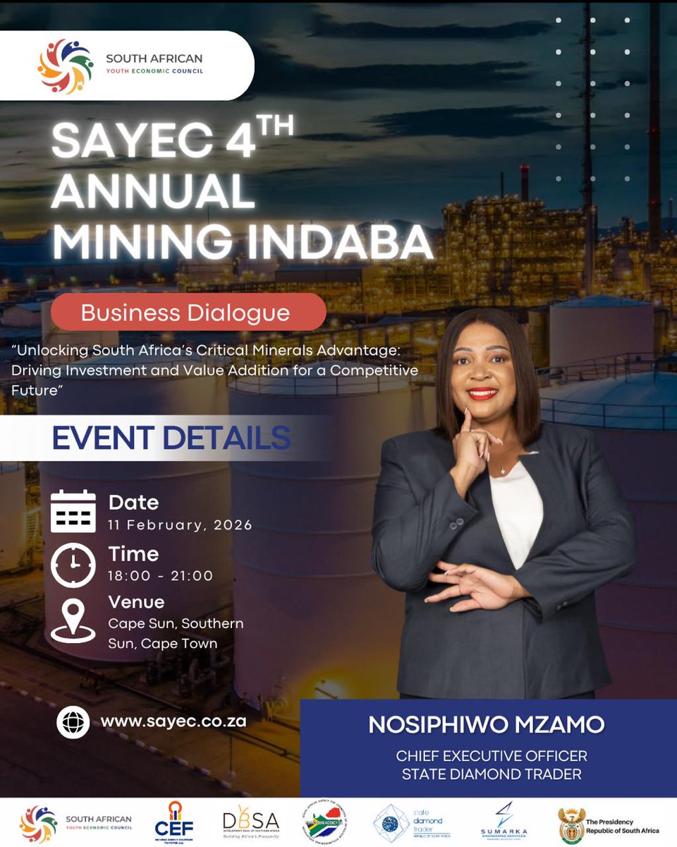 State Diamond Trader partnered with SAYEEC for the 4th Mining Indaba.

The event takes place today, 6 February 2026, from 18:00 to 20:00 at Cape Sun,  Cape Town.