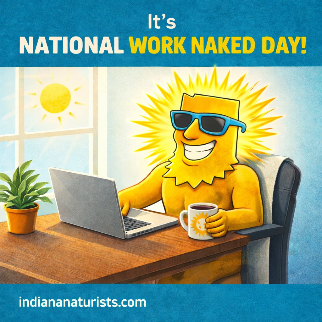 🌞It is officially National Work Naked Day! Even Ray Shine knows work is better when you're comfortable I.N. your skin. Whether you're at a desk, on a couch or out in the sunshine--celebrate confidence, comfort and body-positive living. #NationalWorkNakedDay #IndianaNaturists