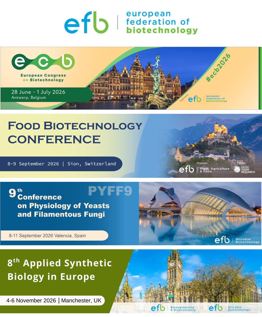 EFBiotechnology's tweet photo. 🚀 𝐁𝐢𝐨𝐭𝐞𝐜𝐡 𝐢𝐧 𝐄𝐮𝐫𝐨𝐩𝐞 𝟐𝟎𝟐𝟔 | 𝐒𝐚𝐯𝐞 𝐭𝐡𝐞 𝐝𝐚𝐭𝐞𝐬
The European Federation of Biotechnology (EFB) brings together the biotech community with key events across Europe in 2026:

🔹 #ECB2026 | 28 Jun–1 Jul | Antwerp 🇧🇪
🔹 #FoodBiotechnology | 8–9 Sep | Sion 🇨🇭
🔹 #PYFF9 | 8–11 Sep | Valencia 🇪🇸
🔹 #ASBE8 | 4–6 Nov | Manchester 🇬🇧
🔹 #Biocat4Value | Nov 2026 | Düsseldorf 🇩🇪 (dates soon)

👉 Follow EFB & don’t miss Europe’s leading biotech conferences.
https://t.co/NgH3motkdu

#Biotechnology #EuropeanBiotech #LifeSciences #SyntheticBiology #IndustrialBiotech #BiotechEvents