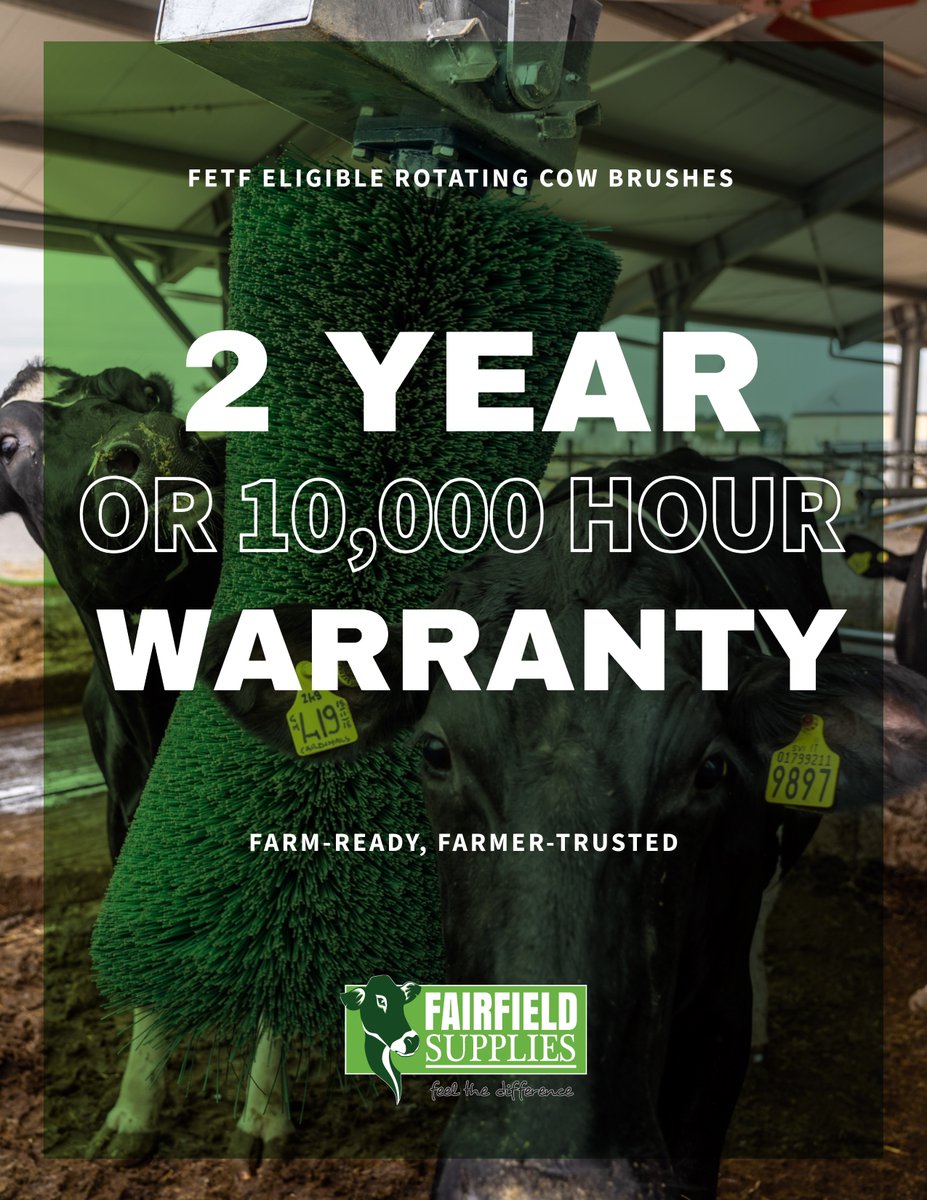 FairfieldSale's tweet photo. Why Farmers Love These FETF‑Eligible Brushes🐄
Our bestselling rotating cow brushes are eligible for FETF funding. Improve comfort, reduce stress, and keep your herd cleaner with less effort
✅Market‑leading 2‑year/10,000‑hour warranty
https://t.co/zPDNzQT3KP
#cows #farming #farm https://t.co/Ful1LNgzYn