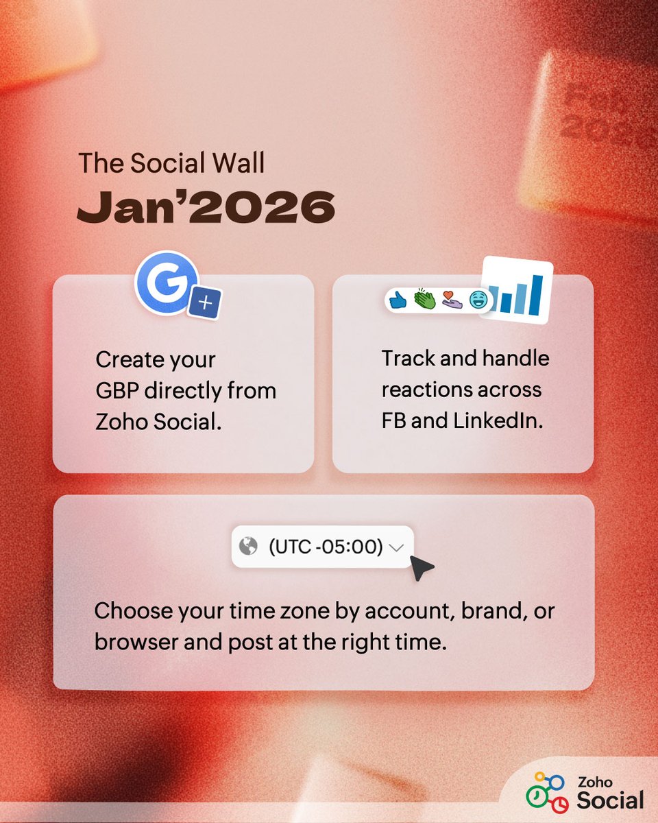 ZohoSocial's tweet photo. Hello 2026! 👋
Explore the feature updates and improvements we rolled out in January as we set the stage for an exciting year ahead.
Read more 👉🏼 https://t.co/VhdCANPbi7
#ZohoSocial #TheSocialWall #JanuaryUpdates #SocialMediaUpdates #MonthlyRoundUp https://t.co/ZGzv6msIJh
