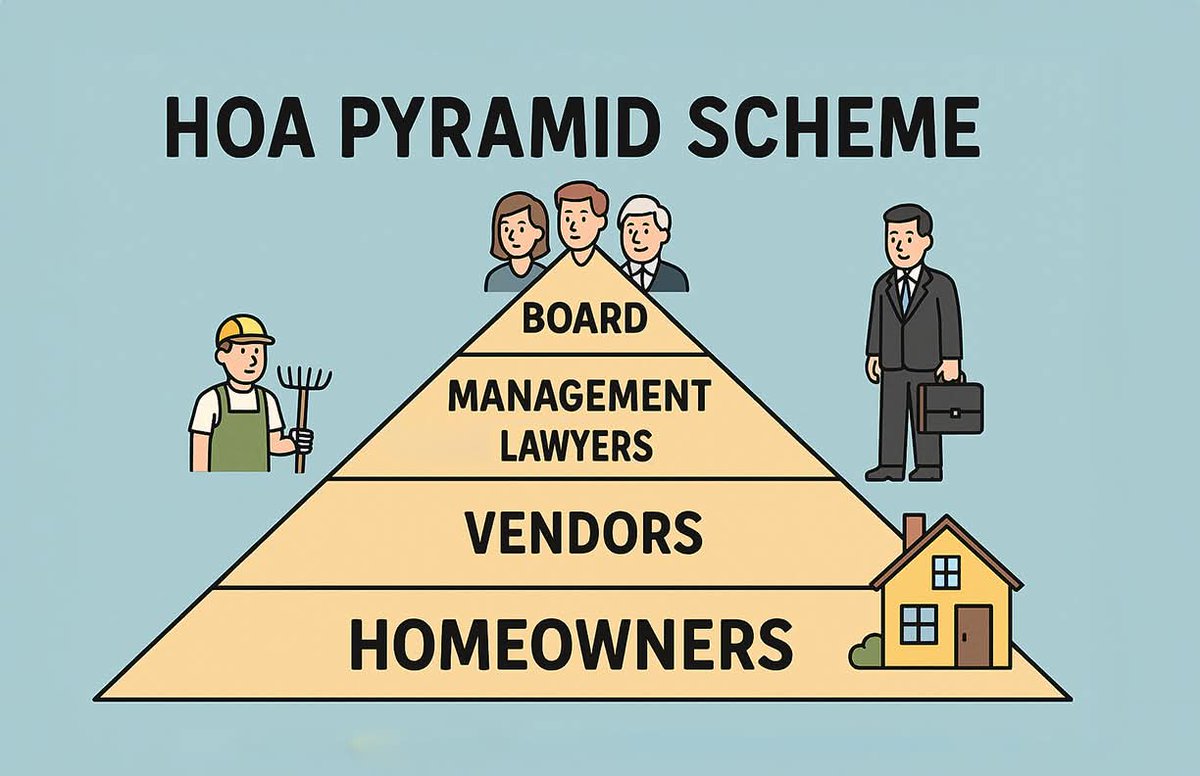 SherylGapuz08's tweet photo. #HOARevolution
#HOAReform (#HOA #COA #POA)

"The HOA Pyramid Scheme"
By: #DaveHackett posted on #HOAFightClub Group on Facebook
 
How a Privatized Governance System Extracts Wealth While Homeowners Hold the Risk 

Homeowners’ associations are often marketed as a modern convenience, neat landscaping, community amenities, “protected property values,” and a promise of orderly living. 

But beneath the glossy brochures and cheerful sales pitches lies a structure that functions remarkably like a pyramid scheme. 

Not in the criminal sense, but in the economic and governance sense: early participants benefit, insiders profit, and the long‑term costs are pushed downward onto unsuspecting homeowners who enter the system too late to avoid the collapse.

Let’s break down how the HOA model mirrors a pyramid scheme, how homeowners are lured into buying into it, and how the network of management companies, lawyers, and vendors profit while the community’s financial foundation quietly erodes.

The Buy‑In: How Homeowners Are Hooked
The first trick of the scheme is simple: Don’t let them know what they are really buying into.

Developers and real estate agents frame HOAs as:

A “community lifestyle”
A guarantee of rising property values
A sign of a well‑maintained neighborhood
Access to great amenities

What they don’t emphasize is that:

- You are entering a private government with the power to fine you, lien you, and foreclose on you

- You are financially responsible for every future failure of the community

- You have no meaningful ability to negotiate the terms

- You inherit decades of decisions made by people who have likely already cashed out and left

The sales pitch is designed to make the HOA feel like a feature, not a governance system with legal authority. 

Buyers sign the covenants at closing without understanding the long‑term financial obligations they’re accepting. This is the “buy‑in” phase of the pyramid.

The Pyramid Structure: 
Who Profits and Who Pays

A pyramid scheme works because the people at the top extract value from the people at the bottom. In HOAs, the “top” isn’t a single person, it’s an ecosystem of interconnected players who profit from the structure.

Developers: The Original Beneficiaries
Developers create the HOA, control it during construction, and keep dues artificially low to make homes easier to sell. They defer maintenance, underfund reserves, and leave behind long‑term liabilities.

Then they exit.

They profit from the sale of homes, while the future costs of their decisions fall on the homeowners who come later.

Management Companies: The Operational Middlemen
Management companies profit regardless of community health. Their incentives include:

More violations → more fees
More conflict → more billable hours
More turnover → more onboarding fees
More projects → more vendor kickbacks

They are not accountable to homeowners; they are accountable to the board members who hire them. This creates a loyalty structure that rewards opacity and punishes transparency.

HOA Lawyers: The Enforcers
HOA law firms make money through:

- Collections
- Fines
- Foreclosures
- Board disputes
- Contract reviews
- Litigation

The more dysfunctional the HOA, the more profitable the legal work becomes. Homeowners fund both sides of every dispute, through dues and through special assessments.

Vendors: The Perpetual Revenue Stream
Landscapers, pool companies, asphalt contractors, roofers, painters, and reserve study firms all benefit from:

- Long‑term contracts
- Long-term agreements
- Lack of competitive bidding
- Board loyalty
- Management company recommendations

Many vendors rely on HOAs as a stable, predictable revenue stream. The homeowners pay for it all.

Continued...

🐲🐉
#smgz #sgapuz_MAGA
#DragonLadyArcher
#GeneralMinion
#GodsSoulCatchers
#WarriorsForChrist
#HeavensArmy
#PeopleOfGOD
#Watchmen
#Remnant
#Chosen
#Christian