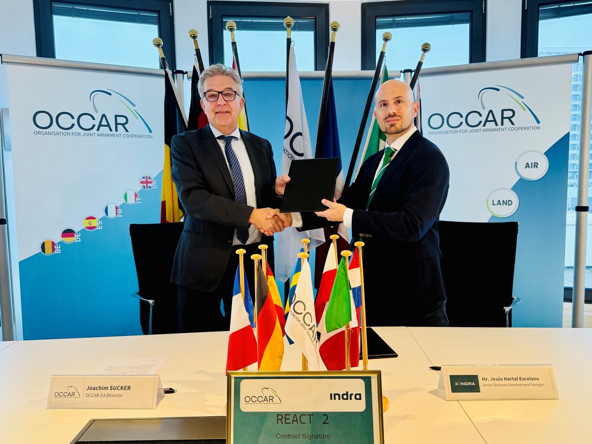 IndraCompany's tweet photo. π€ The co-funding contract for REACT II Electronic Attack Program, led by Indra, has been signed by OCCAR (Organisation for Joint Armament Co-Operation), addresing the development of future Airborne Electronic Attack (AEA) capabilities.
#IndraGroup #AirDominance #REACTII https://t.co/7NlW33BQre
