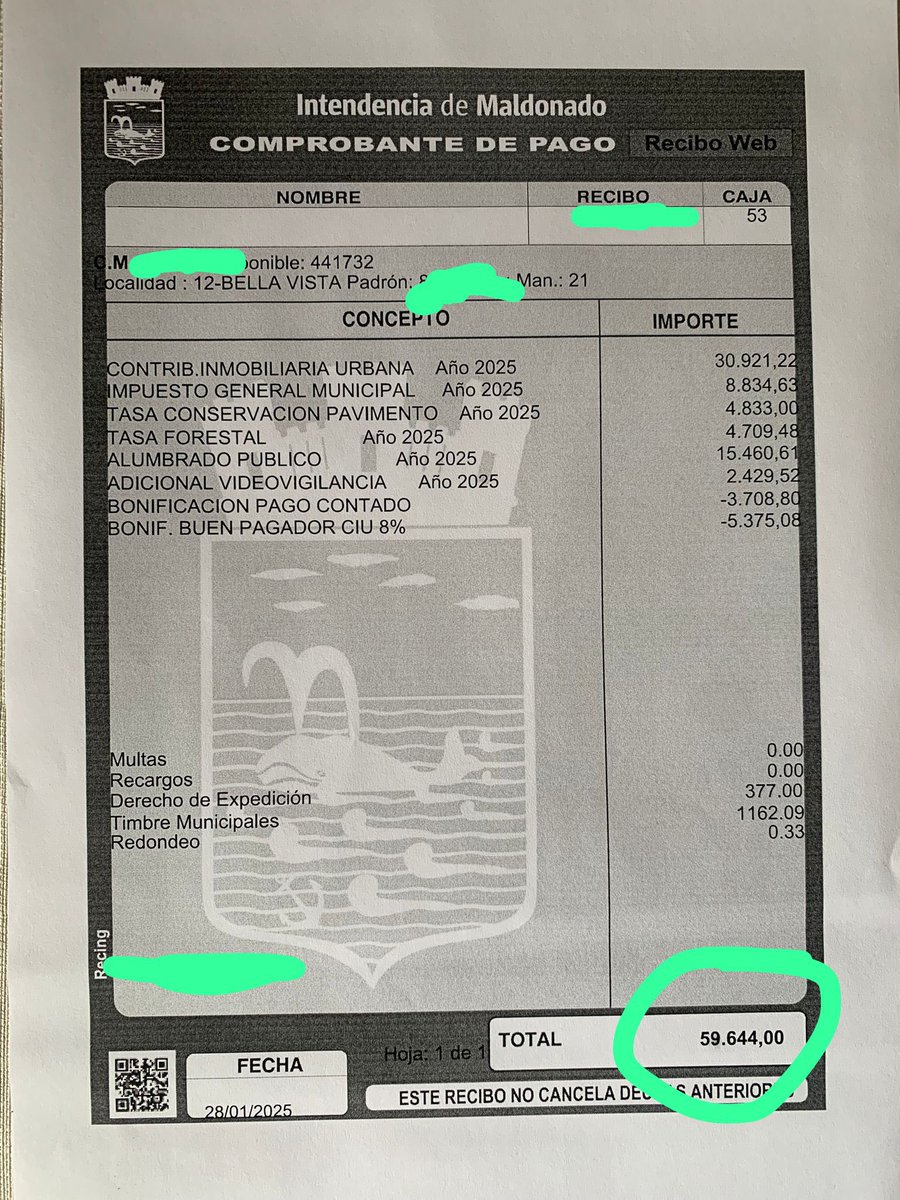 La contribución en Maldonado vino con sorpresas 25% más.
Paso de 59mil a 74mil … 
Ahora cobran impuesto ambiental, 16 mil por año 2026.
Balneario Bella Vista, Maldonado.🙉
Las intendencias están fuera de control.