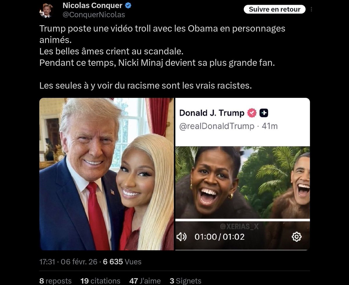 ObsDelphi's tweet photo. 🇫🇷🇺🇸Prenons un moment pour admirer l'apologie du racisme sous couvert de soutien à Donald Trump.

Ce n'est pas parce que le président américain sombre qu’il est accepté de soutenir ses publications quand elles sont ouvertement racistes.

Conquer ne doit plus être invité nulle part, dans aucune télé ou radio. Il ose défendre l'idée que faire une vidéo de Barack et Michelle Obama en singes dans la jungle n'est pas raciste, c'est honteux.

Peut-être que ces idées nauséabondes sont maintenant acceptées aux États-Unis mais ce n'est pas le cas en France. Il faut condamner sévèrement toutes les personnes qui soutiennent ce genre d'idées racistes et les mettre au ban de notre société.

Le plus difficile dans cette histoire est de savoir si Conquer soutient vraiment ces idées ou s'il est juste à ce point stupide pour suivre Trump jusque dans ses pires actions.

Soutenir l'indéfendable c'est être complice et doit être traité en tant que tel.