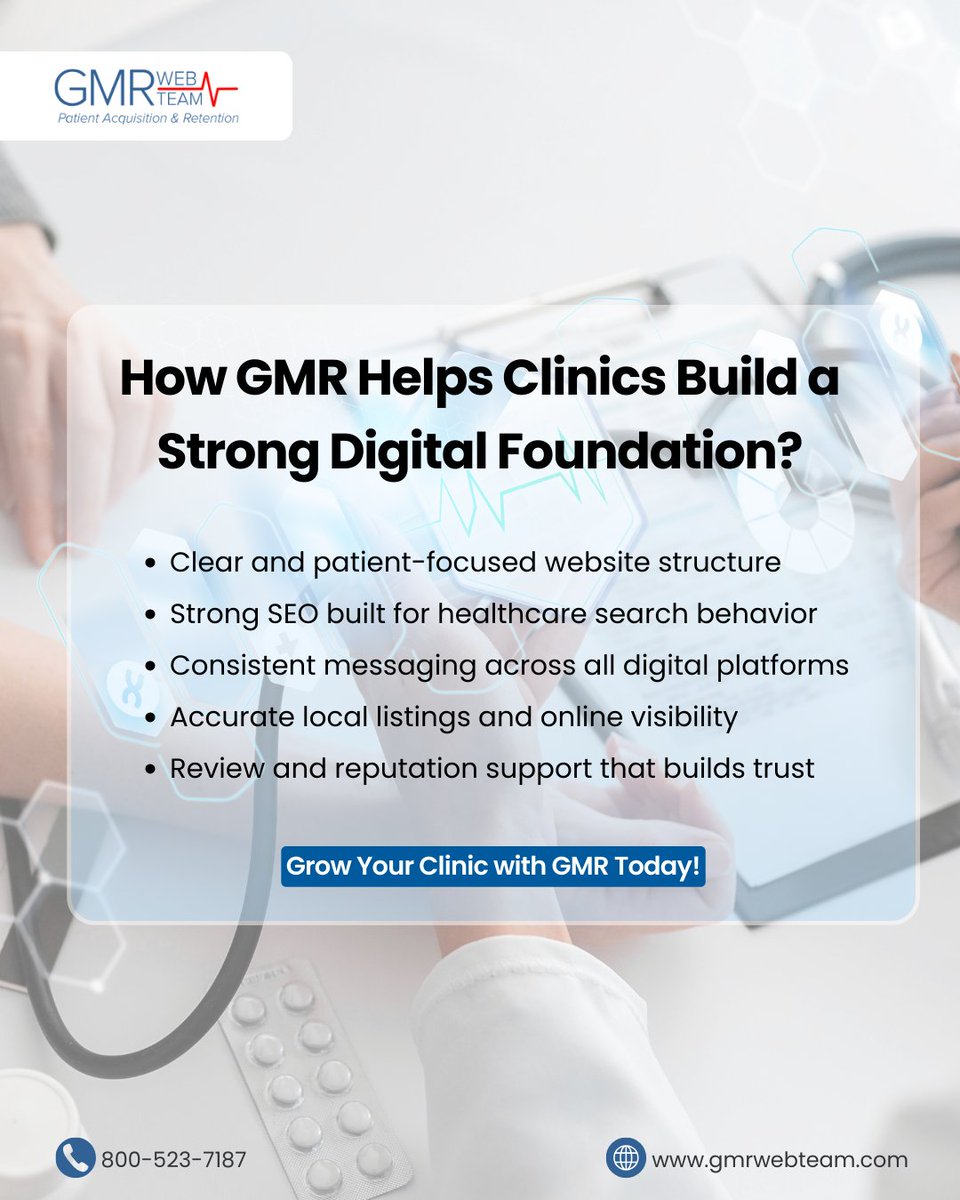 GMRWebTeam's tweet photo. A strong digital foundation helps clinics stay visible, consistent, and trusted online. From websites and SEO to reviews and local visibility, every piece matters.

Grow Your Clinic with GMR Today!
https://t.co/RHZVKEXP0I

#GrowWithGMR #HealthcareMarketing #GMRWebTeam https://t.co/7CSCMiQPyS