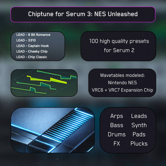 🚨 OUT NOW 🚨

Chiptune for Serum 3: NES Unleashed!! 

shirobon.bandcamp.com/album/chiptune…

100 presets for Serum 2!

Nintendo NES + VRC6/VRC7 expansion chip wavetables!

Arps, bass, drums, FX, Leads, synth, pads + plucks!