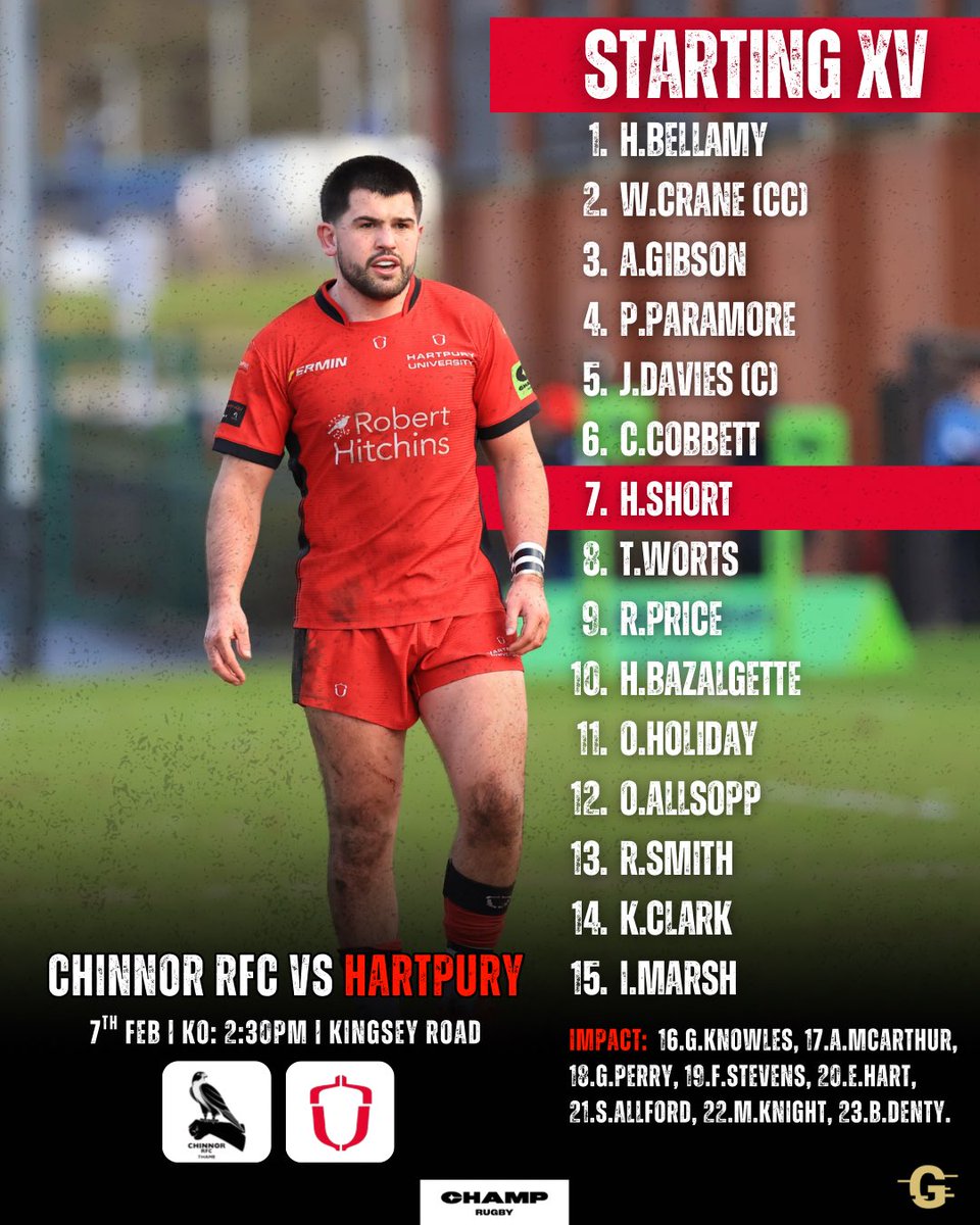 HartpuryRFC's tweet photo. Team announcement 📣 

A big away clash this weekend vs @ChinnorRFCThame 💥

⏰ 2:30pm KO 
💯 A special one for Harry Short celebrating his 100 caps for Hartpury!! Congratulations 🥳 https://t.co/zROIpeNpNi