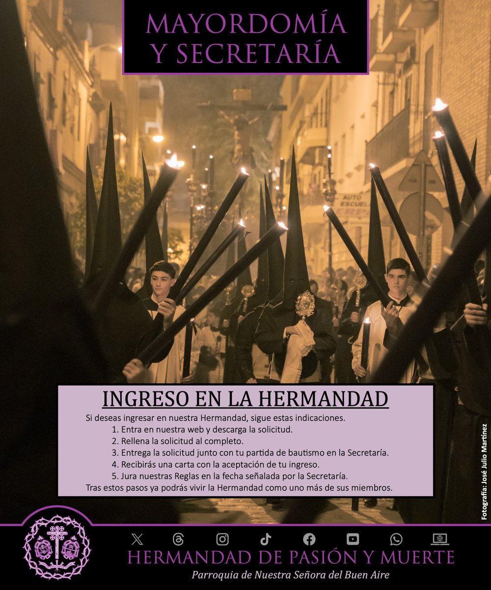 MAYORDOMÍA Y SECRETARÍA | INGRESO EN LA HERMANDAD.

Si deseas ingresar en nuestra Hermandad, sigue estas indicaciones y podrás vivirla como uno más de sus miembros.

ℹ️ hermandadpasionymuerte.es/?page_id=1328

#HermandadPasiónyMuerte