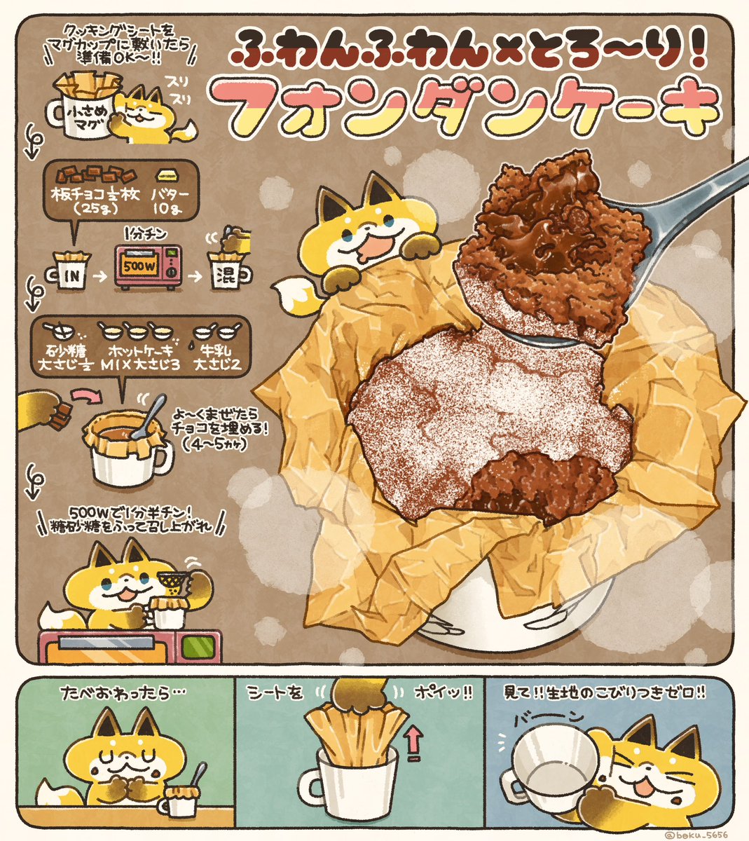 マグカップ×レンチンで即出来!ふわふわ生地にチョコがとろ〜り!【フォンダンケーキ】
しかも何がいいって、マグカップが汚れない!!!クッキングシートをスポッと抜いて捨てれば、軽く洗うだけでOK🙆♂️✨