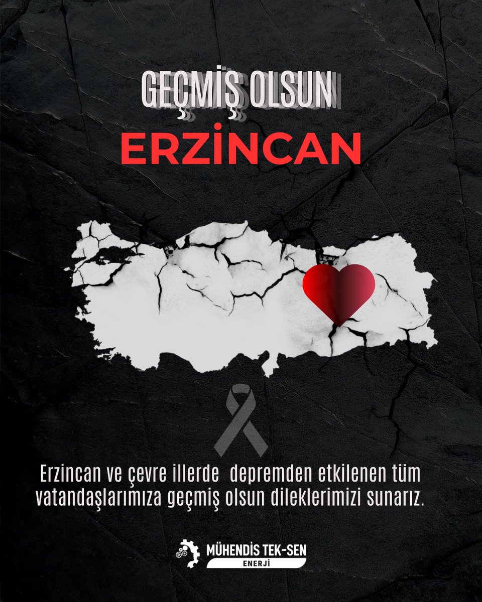 Erzincan ve çevre illerde meydana gelen depremden etkilenen tüm vatandaşlarımıza geçmiş olsun dileklerimizi iletiyoruz. 

Afetlere karşı en güçlü önlem; bilim, mühendislik ve doğru uygulamalara verilen önemdir.

#MühendisTekSen
#deprem 
#Erzincandepremi