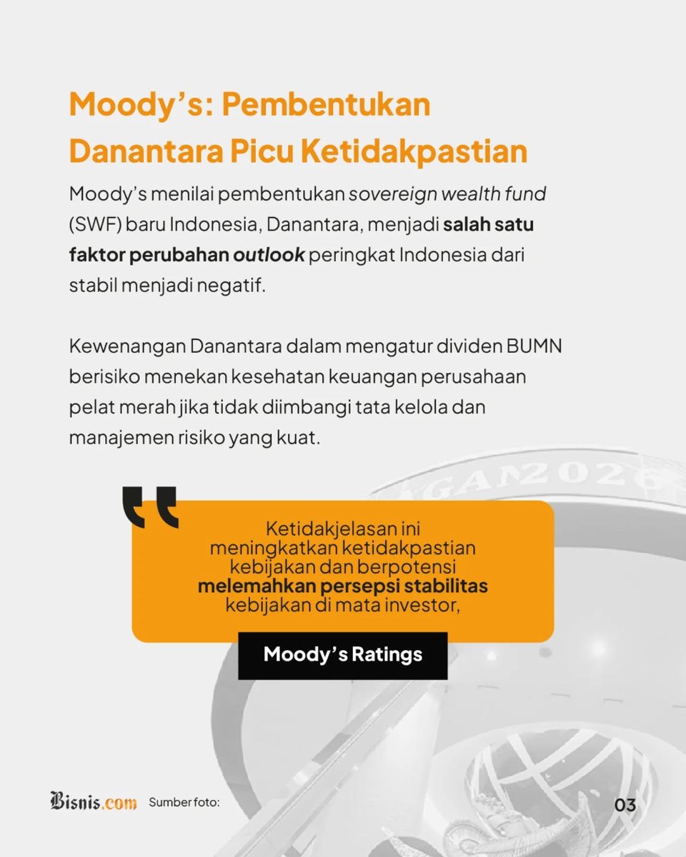 Bisniscom's tweet image. Moody's menurunkan outlook Indonesia menjadi negatif karena penurunan prediktabilitas kebijakan. Walaupun outlook diturunkan, namun rating kredit Indonesia tetap di level Baa2, yang bagi beberapa pihak… instagram.com/p/DUamp5egYN7/… #moodys #outlook #indonesia #ekonomi #finansial
