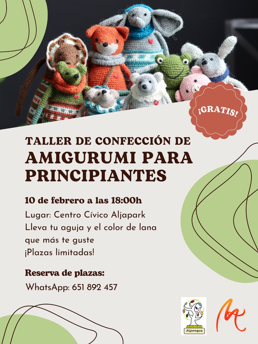 Hay actividades que mejoran nuestra salud tanto mental como física, además de proporcionarnos oportunidades de mostrar nuestra creatividad.
En AljaraqueRELAS nos plantean este taller de AMIGURUMI para #localizarlasalud.
¿Quieres saber lo que es?❓
👉Consulta cartel adjunto.
