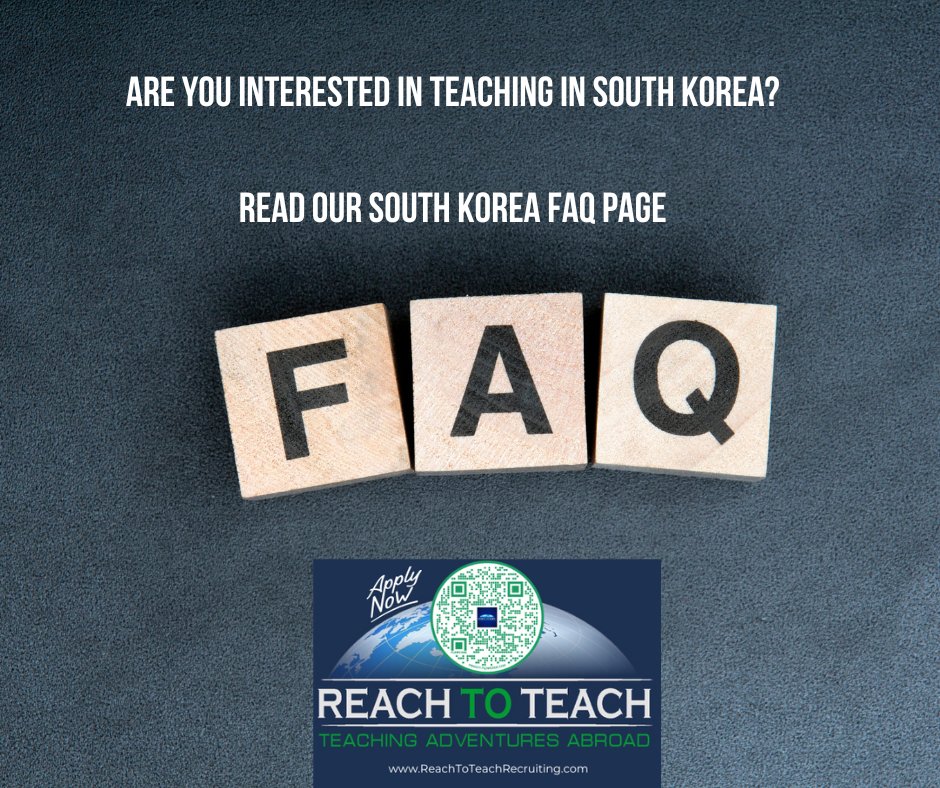 Our #SouthKorea FAQ page answers your questions:
✔️How much will I be paid?
✔️What qualifications do I need to #TeachInKorea?
✔️Will my school pay for airfare?
✔️Will my school pay for housing?
✔️Is South Korea safe?
Read it
🔗
reachtoteachrecruiting.com/teach-english-…

#ReachToTeach #TeachAbroad