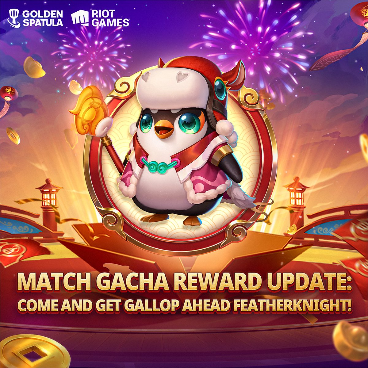 goldenspatula's tweet photo. Match Gacha Reward Update is here! ✨
Come and get Gallop Ahead Featherknight from Feb 5 to Apr 23, 2026. 

Complete daily matches to earn Gacha Tickets, finish weekly missions for Relic Dust, and reach a certain number of draws to earn a guaranteed Little Legend! 

Jump in and start pulling for your rewards! 🎯

Play Golden Spatula now—Up! Up! Win!
👉 https://t.co/rgV9kiTtRc

#GoldenSpatula #GSNewSet #GoldenFestival