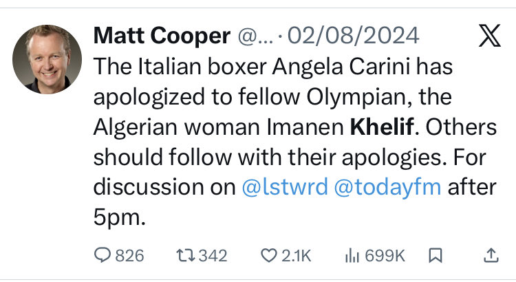 <a href="/sharrond62/">Sharron Davies HoL MBE</a> <a href="/zarahsultana/">Zarah Sultana MP</a> An Irish radio presenter <a href="/cooper_m/">Matt Cooper</a>