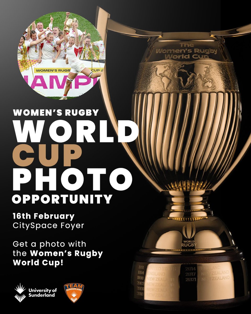 Women's Rugby World Cup | Photo Opportunity

Commemorate England Women's Rugby World Cup triumph with a photo on 16th February 🏉

The trophy will be proudly displayed in CitySpace foyer throughout the day 🌹

#WeAreSun #Belong