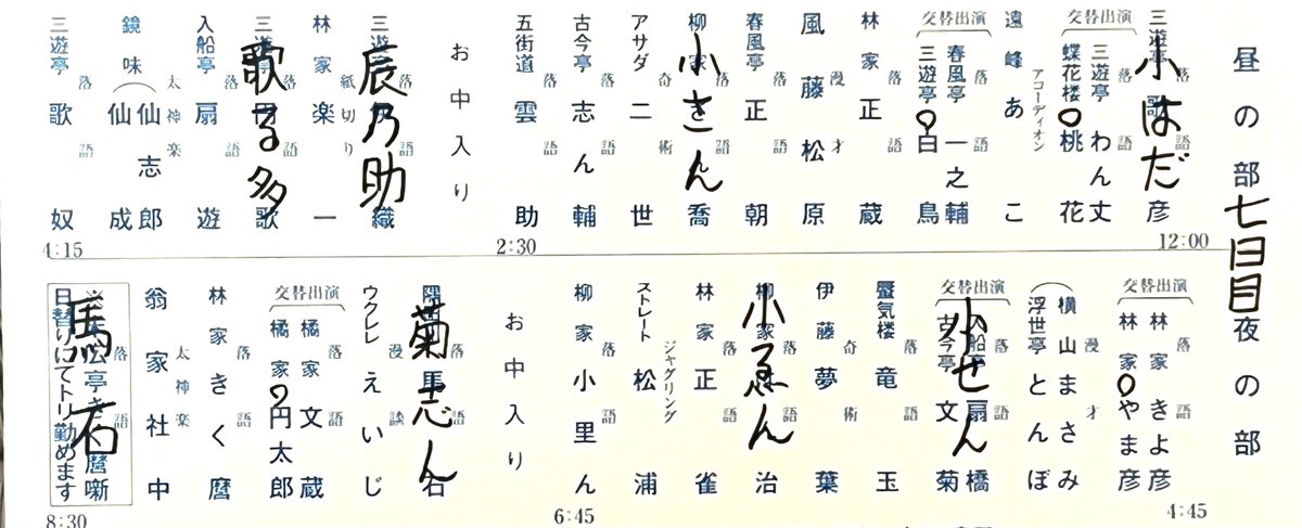 2月7日の代演情報です。

↓夜の部 日替わり主任 演目
7日〈守護霊〉
馬石
8日〈二個上の先輩〉
一之輔
9日〈優しい味〉
文菊
10日〈おもち〉
文蔵