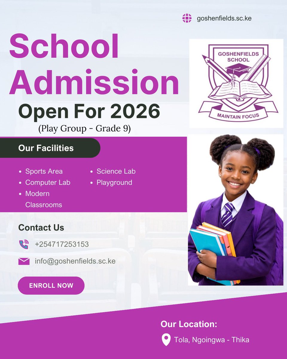 goshenfields's tweet photo. Looking for the right school for your child?📚✨
We provide a nurturing environment where learners grow academically and personally.

Call +254 717 253 153 or visit us Monday-Saturday, 8:00 AM - 5:00 PM.
👉 Join us today! https://t.co/3RcGN0eoLC