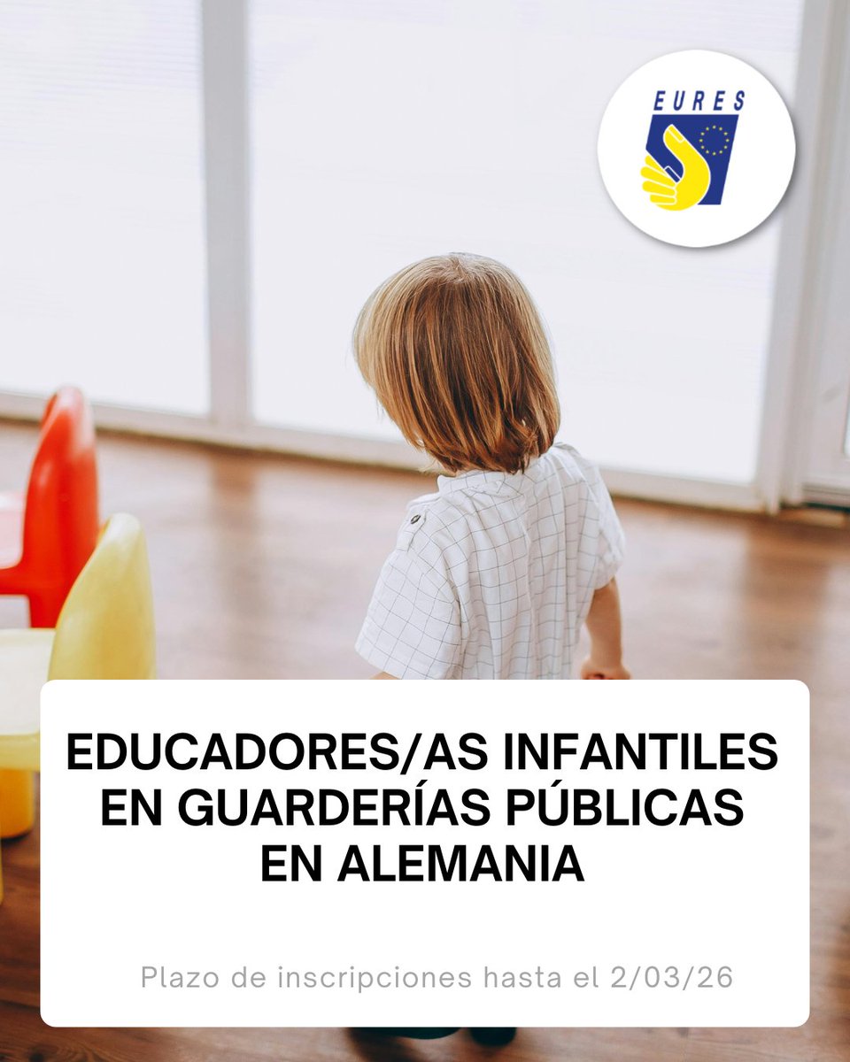 📢 La Red EURES del Servicio Andaluz de Empleo informa:
15 plazas de educador/a infantil en guarderías públicas en Alemania 🇩🇪

💶 Hasta 3.500 €/mes
🏠 Alojamiento inicial
📅 Solicitudes hasta 2/3/2026

🔗 Más info en la web del SAE
#EURES #EmpleoEuropa #EducaciónInfantil