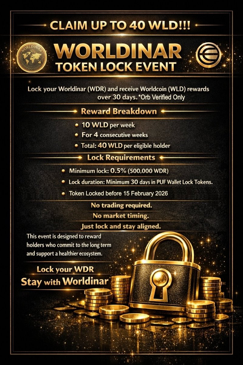 Worldinarcoin's tweet photo. CLAIM UP TO 40 WLD!!!

WORLDINAR TOKEN LOCK EVENT

Lock your Worldinar (WDR) and receive Worldcoin (WLD) rewards over 30 days. *Orb Verified. 

Reward Breakdown
10 WLD per week
For 4 consecutive weeks

Total: 40 WLD per eligible holder

Lock Requirements
Minimum lock: Total 0.5% (500,000 WDR)
Locked before 15 February 2026

Lock duration: minimum 30 days in PUF Wallet Lock Tokens.

No trading required.
No market timing.
Just lock and stay aligned.

This event is designed to reward holders who commit to the long term and support a healthier ecosystem.

Lock your WDR
Stay with Worldinar

@PufLaunch @Iamhuman_ORBS @world_chain_