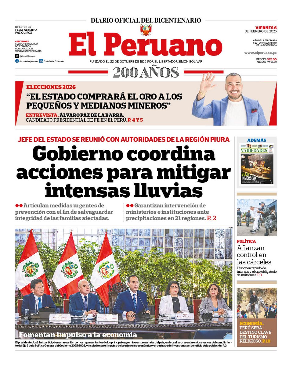 DiarioElPeruano's tweet photo. ☕️ ¡Buenos días! Esta es la portada del Diario Oficial El Peruano de hoy, viernes 6 de febrero de 2026. 

📌Revisa la edición digital aquí 👉 https://t.co/0g93IhYSI9 https://t.co/vWvDkcYDNB